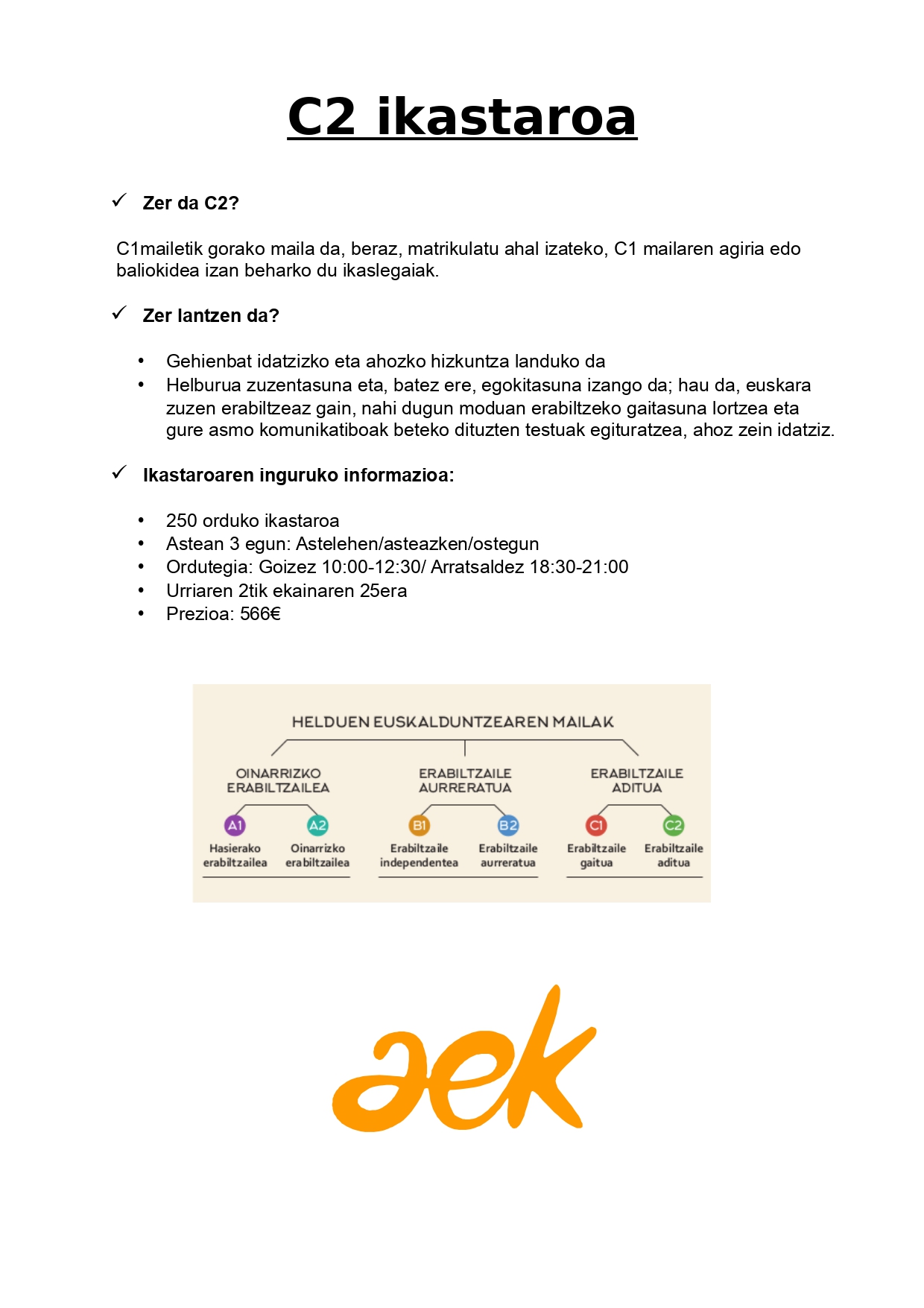 C2 ikastaroak 20192020 /aurrez aurre eta online Bilboko AEK